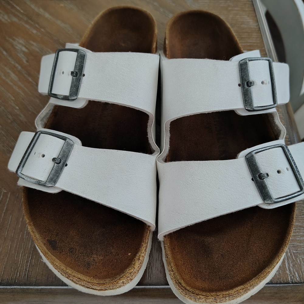 Birkenstock White Sandals with Silver Buckles